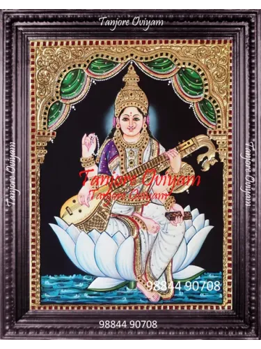 Lotus Saraswathi Tanjore painting seated white lotus veena gold foil artwork